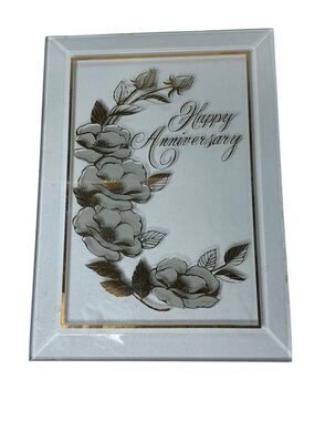 Vintage Happy Anniversary Floral Glass Plaque Gold Accent Keepsake Decor Love